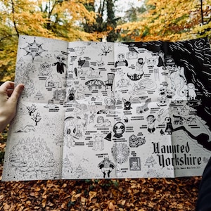 Carte du folklore du Yorkshire hanté, histoires de fantômes et sites curieux, version pliée