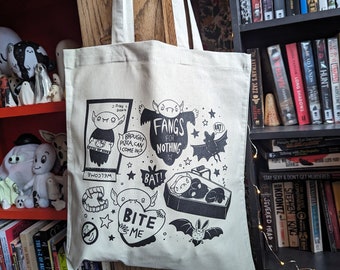 Cute Vampire Tote Bag, Drawlloween screen printed illustrated bag