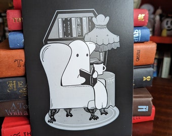 Cosy Ghost Story Print, Reading Books in the Midnight Library A5 Art Print