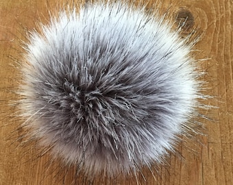 Husky Grey Pom Pom | Luxury Faux Fur | Handmade in UK | Hand Washable | Sew or Tie on | 4 strong attaching yarns | Available in 5 sizes