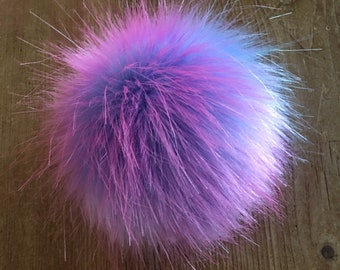 Sky Blue Pink Pom Pom | Luxury Faux Fur | Handmade in UK | Hand Washable | Detachable, sew/tie on | 4 attaching yarns | Available in 5 sizes
