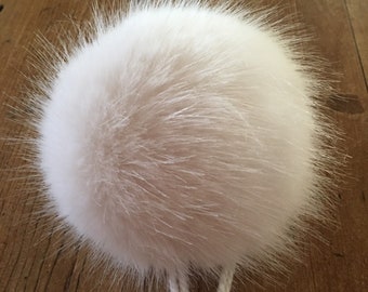 Snow White Mink Faux Fur Pom Pom | Hand Made in UK | Hand Washable | Detachable - Sew or Tie on | 4 attaching yarns | Available in 6 sizes