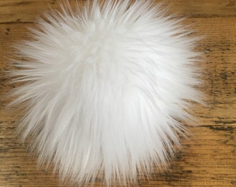 Ice White Pom Pom Luxury Faux Fur | Handmade in UK | Hand Washable | Detachable - Tie or Sew on | 4 attaching yarns | Available in 5 sizes