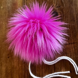 Shocking Pink Faux Fur Pom Pom | Handmade in UK | Hand Washable | Detachable, Sew or Tie on | 4 attaching yarns | Available in 5 sizes