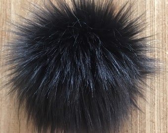 Jet Black Pom Pom | Luxury Faux Fur | Handmade in UK | Hand Washable | Detachable - Sew or Tie on | 4 attaching yarns | Available in 6 sizes