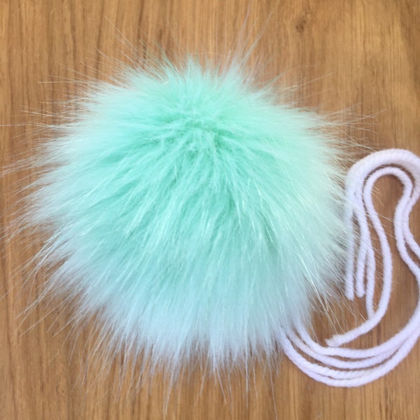 Mint Green Luxury Faux Fur Pom Pom | Handmade in UK | Hand Washable | Tie or Sew On | 4 strong attaching yarns