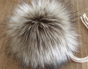 Alsatian Pom Pom | Luxury Faux Fur | Beige, Brown, Black Tips  | Handmade in UK | Detachable | 4 attaching yarns | Ideal for men or boy hats