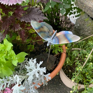 May include: A metal butterfly garden stake with iridescent blue, green, and brown colors. The stake is inserted into a pot of plants.