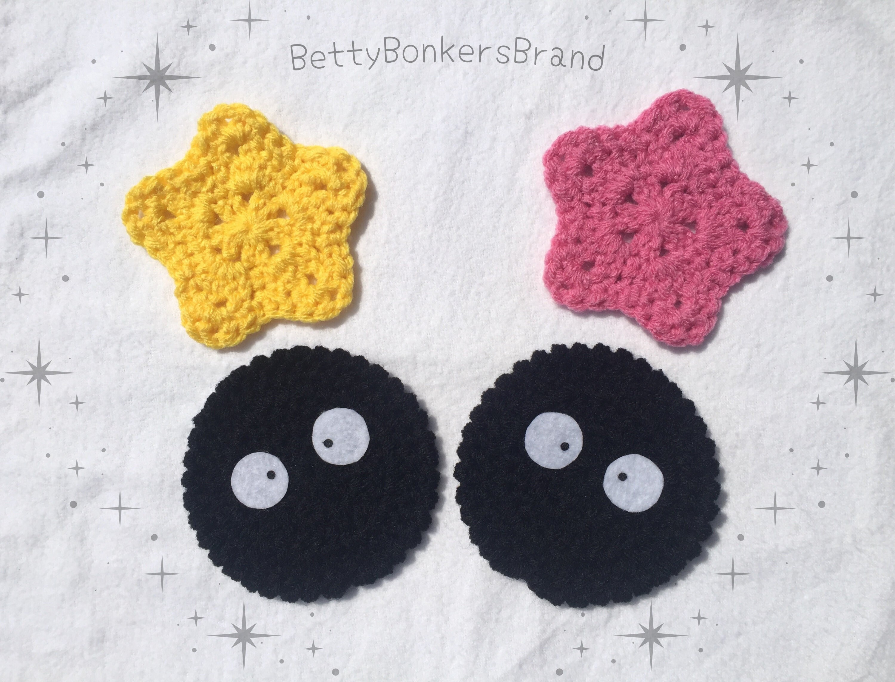 Crochet Soot Sprite Coasters: 4-pack; Dust Bunny W/ Konpeito