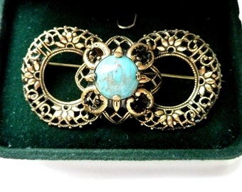 Broche vintage tchèque en laiton, pierre turquoise, cadeau Art déco