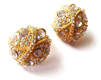 Gold Shimmer Stud earrings with Swarovski Crystals Vintage Gold Rainbow Earrings Vintage 70&#39;s Large Stud Earrings Gift for Bridesmaid Girl