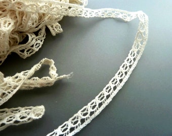May include: A close-up of a white crocheted lace trim. The lace is delicate and intricate, with a scalloped edge.