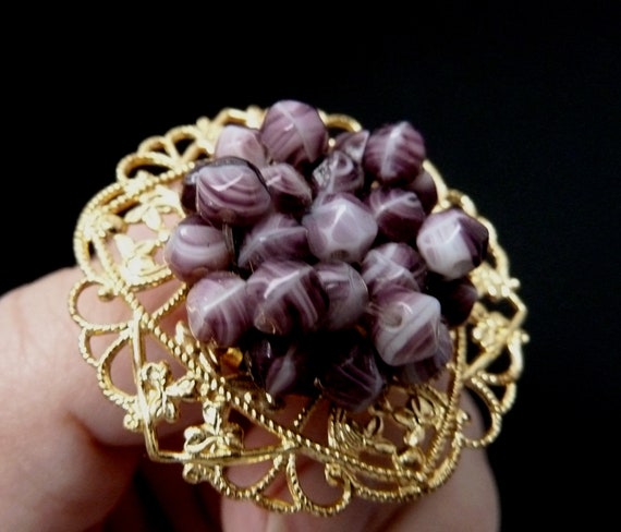 Czech Brooch Gold Openwork Round with a  lilac gl… - image 2