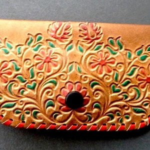 Vintage Leather Wallet Red Flower Wallet Gift for Women Coin Purse Embossed Genuine Leather Case Coin Purse Pouch Handmade Purse Accessory