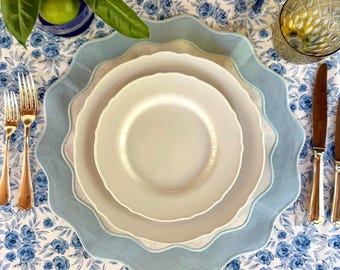 Round Placemats Light Blue White, Embroidered Scalloped Edge, Thick Premium Linen, Easter Table Decor