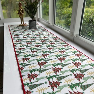 May include: A white table runner with a red border features a repeating pattern of green and gold Christmas trees. The runner is on a white surface near a window.
