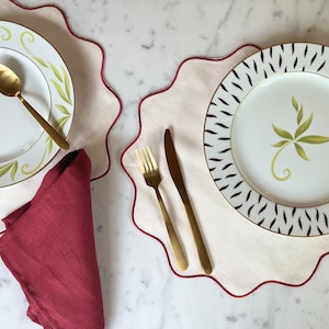 Placemat Set Off White Burgundy Embroidered Scalloped Elegant Linen Handmade TableSetting Elevated Dining Formal Casual Dining Table Linens