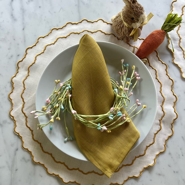 Placemats Scallop Edge Round Linen Easter Place Mat Set Yellow Embroidery Napkin Farmhouse
