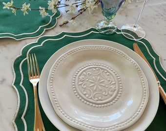 Placemats Set Linen Scallop Place Mat Square Green Handmade