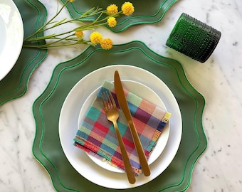 Green Faux Leather Placemats Set, Scalloped Embroidered Edge, Easy Clean Table Decor, Easter Summer Spring Table Setting