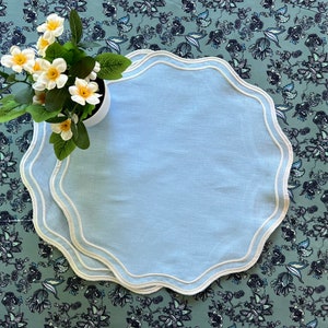 Placemats Round Light Blue Linen Scallop Embroidery Set 4 6 8 10 Spring Summer Place Mat Table Decor