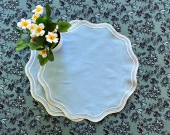 Placemats Round Light Blue Linen Scallop Embroidery Set 4 6 8 10 Spring Summer Place Mat Table Decor