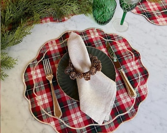 Red Tartan Placemats, Christmas Table Decor, Scalloped Embroidered Edge