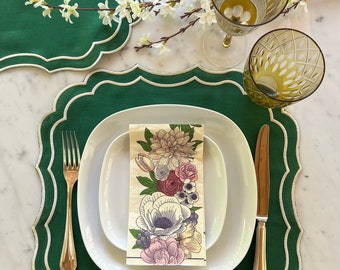 Green Placemats Set Square Linen Scallop Embroiderred Place Mat