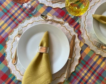 Placemats Scallop Edge Round Linen Place Mat Set Yellow Embroidery Napkin