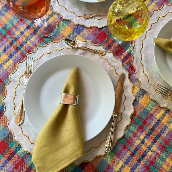 Placemats Scallop Edge Round Linen Place Mat Set Yellow Embroidery Napkin