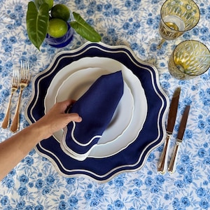 Blue Placemat and Napkin Set: Nautical Embroidered Scalloped, Dining Table Setting, Cotton Round Place Mat Navy Passover Table