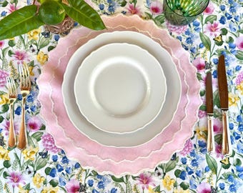 Light Pink Linen Placemat Set, Scalloped Embroidered Edge, Spring Table Decor