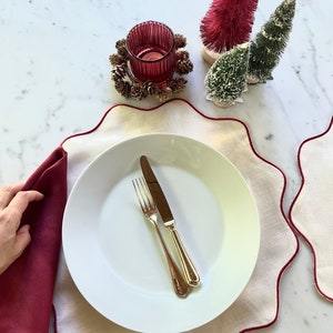 Christmas Placemat Set: Off-White with Burgundy Scalloped Edge Linen Elegant Holiday Table Setting