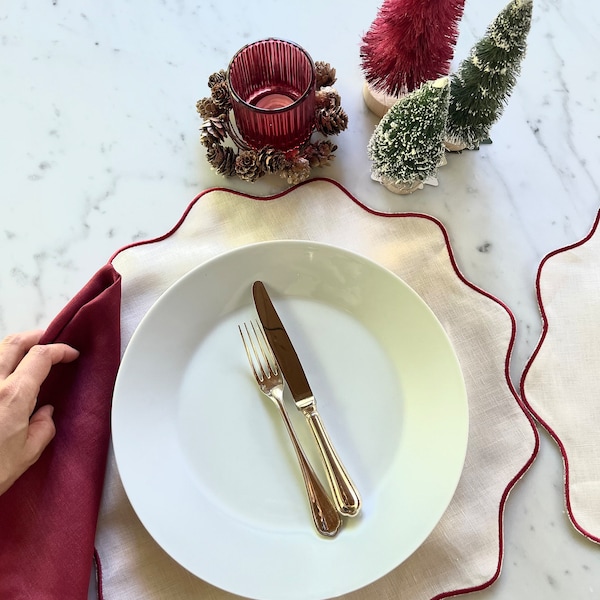 Christmas Placemat Set: Off-White with Burgundy Scalloped Edge Linen Elegant Holiday Table Setting