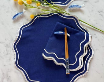 Marineblauwe placemat en servettenset, nautisch geborduurd, eettafelset, ronde katoenen placemat in marineblauw, serveerset voor gasten
