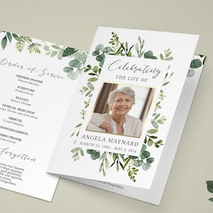 FUNERAL PROGRAM EDITABLE Template, Printable, Greenery Funeral Template, In loving memory obituary service, Greenery Celebration of Life