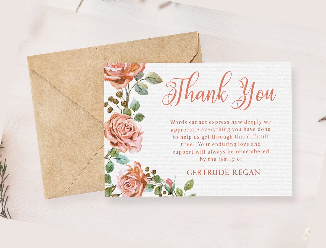 Pink Floral Funeral Thank You Card Memorial Service Editable Template ...