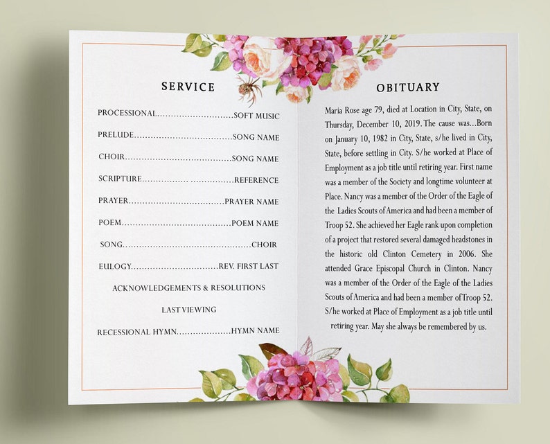 Funeral program editable template printable funeral template etsy 