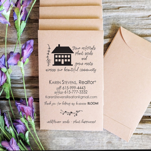 Business Referral Seed Packet Envelope, Real Estate Agent Business Cards for Open House, Marketing Gift, Custom Event Favors for Gift Basket