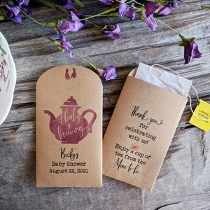 Personalized Baby Shower Tea Packet Favors, &#39;Baby is Brewing&#39; Tea Envelopes, Rustic Baby Shower & Tea Party Gifts, Custom Keepsakes
