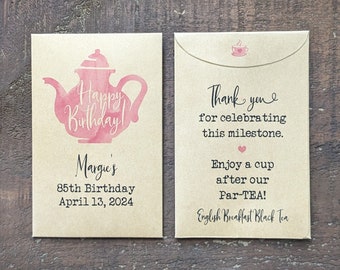 Personalized Milestone Birthday Party Tea Packet Favor Envelopes, Custom 30th 40th 50th 60th 70th 80th 90th Birthday Party Guest Gift Idea