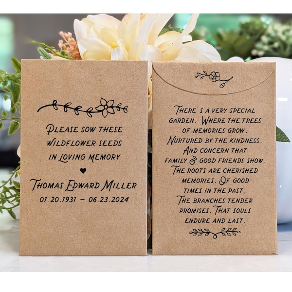 Memorial Seed Packet Favors, Funeral seed packets, Celebration of Life Personalized seed envelopes, Custom seed packets favors, Remembrance