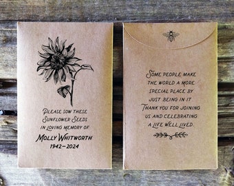 Celebration of Life Personalized Seed Packet Favors, Funeral Sunflower Seed Packets, Memorial Envelopes, Custom Remembrance gift for guests