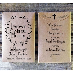 Memorial Seed Packet Favors, Funeral seed packets, Celebration of Life Personalized seed envelopes, Custom seed packets favors, Remembrance