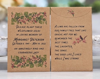 Celebration of Life Memorial Favors, Personalized Wildflower Seed Packets for Funeral Service, Loved Ones Remembrance Gift for Guests