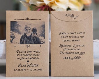 Personalized Memorial Seed Packet Favors, Wildflower Funeral Gift with Photo, Celebration of Life Keepsake for Guests, Eco-friendly mementos