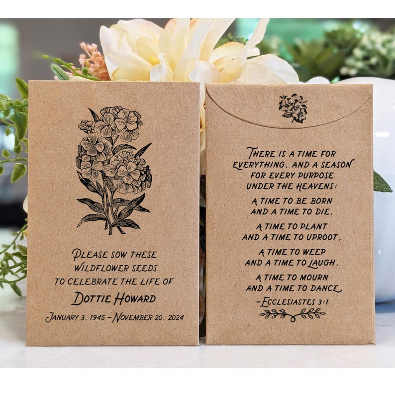 Celebration of Life Personalized seed envelopes with Vintage flower illustration