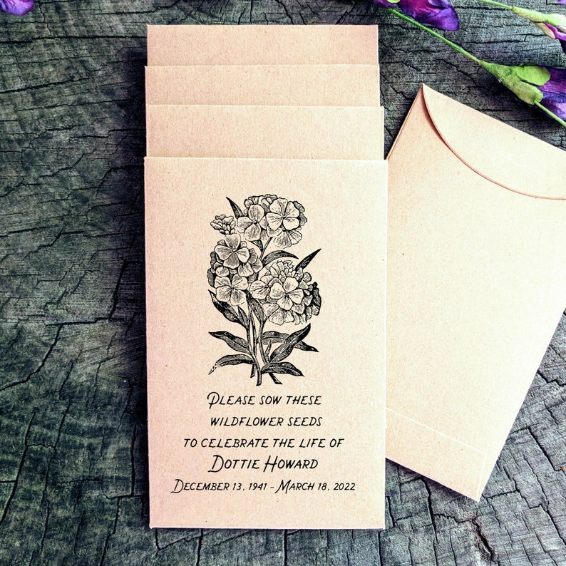 Personalized Memorial Celebration of Life Seed Packet Favors Vintage Wildflower