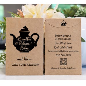 Tea Packet Real Estate Favors, Custom Real Estate Agent Cards Referral Gift Basket, House Sales Listing Agent, Business cards, Open House