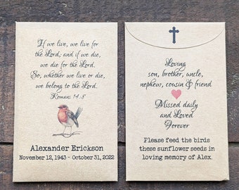 Celebration of Life Memorial Seed Packet Favors, Bible Verse, Personalized Funeral Service Loved One Remembrance Gift for Guest, Sunflower